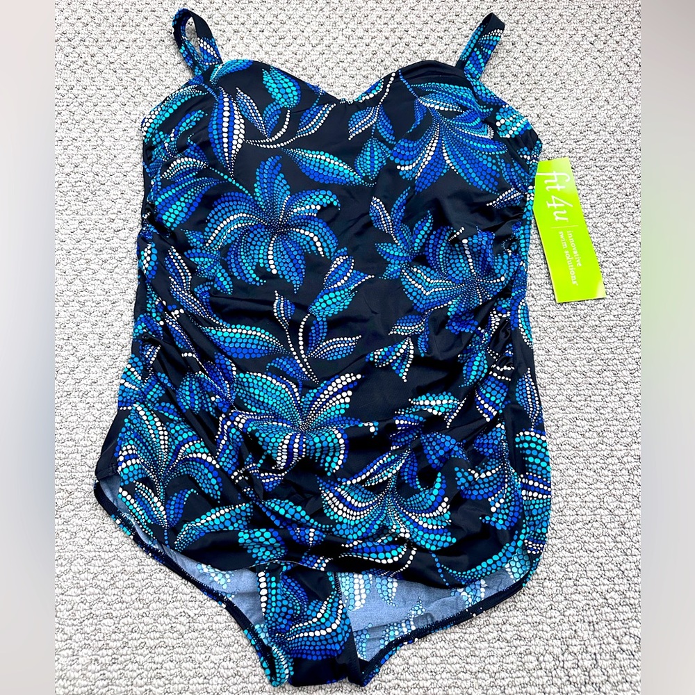 Fit 4 Ur Tummy Black & Blue Dot Floral Swimsuit